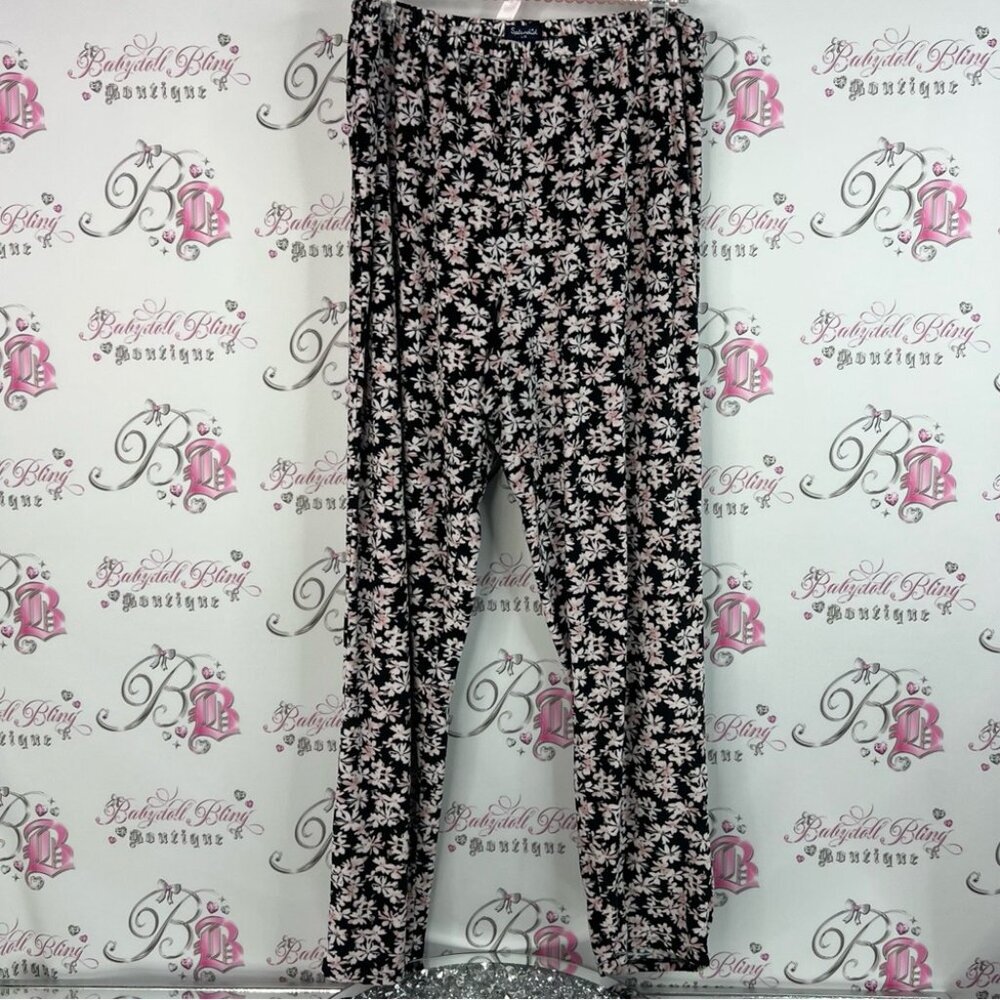 Splendid leggings pants tights flowers floral Black and Pink Patterned fleece